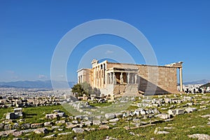 The Erechtheion or Erechtheum Temple in Acropolis of Athens , Greece