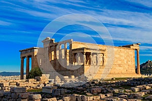 Erechtheion (Erechtheum) or Temple of Athena Polias is ancient Greek Ionic temple on north side of Acropolis in Athens