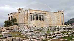 Erechtheion, Temple of Athena Polias, side view with the Caryatid porch, on the north side of the Acropolis, Athens, Greece