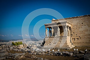 Erechtheion temple with Caryatid Porch, Athens, Greece. Panoramic view of ruins on the Acropolis