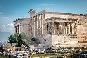 Erechtheion temple with Caryatid Porch on the old Acropolis, Athens, Greece