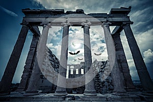 Erechtheion temple on Halloween in full moon, Athens, Greece