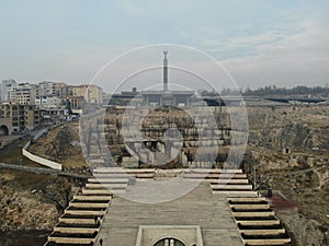 Erevan - the capital of Caucasus country Armenia. Aerial view from above by drone. Cascad stairs monument and art museum