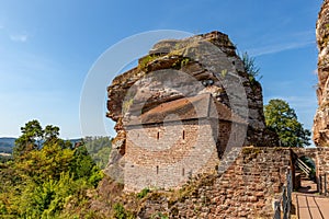 Erfweiler, Germany, August 30, 2023: House of Castle Altdahnt in Dahner Felsenland, Rhineland-Palatinate