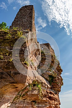 Erfweiler, Germany, August 30, 2023: Walls and Rocks of Castle Altdahnt in Dahner Felsenland, Rhineland-Palatinate