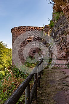 Erfweiler, Germany, August 30, 2023: Walls and Rocks of Castle Altdahnt in Dahner Felsenland, Rhineland-Palatinate