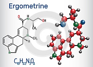 Ergometrine drug molecule. Structural chemical formula and molecule model photo