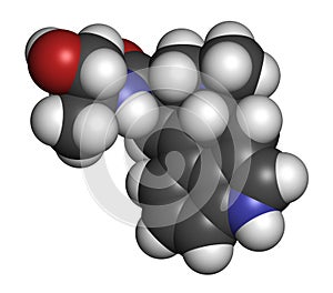 Ergometrine drug molecule. Used to prevent bleeding after childbirth (postpartum haemorrhage). Atoms are represented as spheres photo