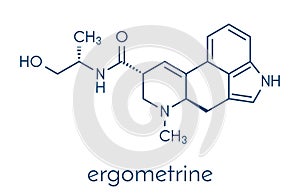 Ergometrine drug molecule. Used to prevent bleeding after childbirth postpartum haemorrhage. Skeletal formula.