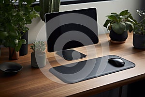 Ergonomic elegant luxury workplace. Modern computer, black leather mousepad and green potted plants on wooden table