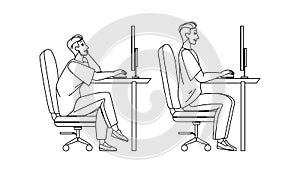 In Ergonomic Posture Sit Man At Computer Vector