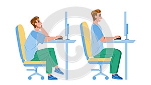 In Ergonomic Posture Sit Man At Computer Vector