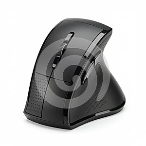 Ergonomic vertical computer mouse with a sleek black design. Features include a
