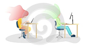 Ergonomic, wrong and Correct sitting Spine Posture. Healthy Back and Posture Correction illustration. Office Desk