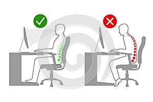 Ergonomics at workplace man correct sitting posture black and white photo