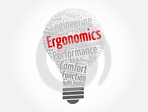 Ergonomics light bulb word cloud collage, concept background photo