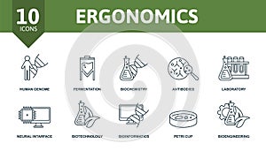 Ergonomics set icon. Editable icons ergonomics theme such as human genome, biochemistry, laboratory and more.