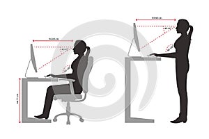 Ergonomics silhouette of a woman correct sitting and standing posture when using a computer photo