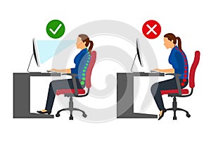 Ergonomics - woman correct and incorrect sitting posture when using a computer photo