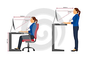 Ergonomics woman correct sitting and standing posture when using a computer photo