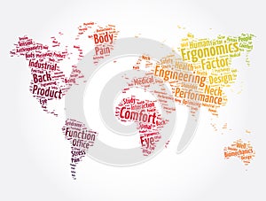 Ergonomics word cloud in shape of world map, concept background