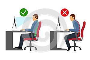 Ergonomics at workplace man correct sitting posture