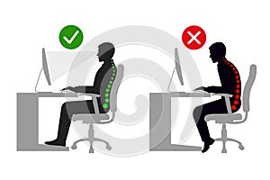 Ergonomics at workplace man correct sitting posture black and white
