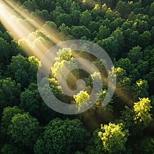erial view of a lush, green forest with dense tree coverage. Sunlight streams through photo