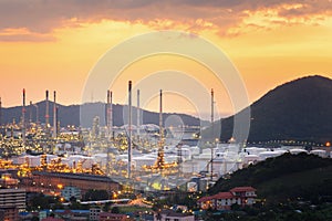 Erial view oil refinery night with mountain background during twilight,Industrial zone