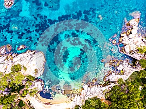 ÃÂerial view. Rocks on the coast of Lloret de Mar in a beautiful summer day,sandy beach, Costa Brava, Catalonia, Spain. photo