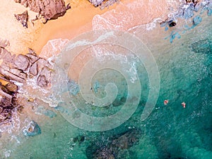 ÃÂerial view. Rocks on the coast of Lloret de Mar in a beautiful summer day,sandy beach, Costa Brava, Catalonia, Spain. photo