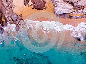 ÃÂerial view. Rocks on the coast of Lloret de Mar in a beautiful summer day,sandy beach, Costa Brava, Catalonia, Spain. photo