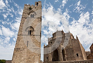 Erice cathedral Duomo dell'Assunta with its separate bell tower, Erice, Sicily, Italy