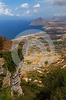 Erice, Trapani province, Sicily, Italy - Panoramic view from Erice at Mediterranean sea Tyrrhenian sea and road to Erice