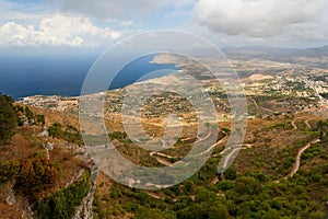 Erice, Trapani province, Sicily, Italy - Panoramic view from Erice at Mediterranean sea Tyrrhenian sea and road to Erice