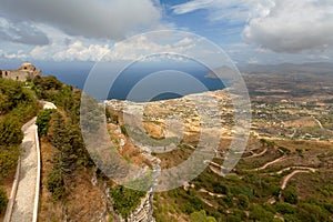 Erice, Trapani province, Sicily, Italy - Panoramic view from Erice at Mediterranean sea Tyrrhenian sea and road to Erice