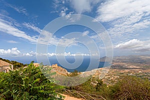 Erice, Trapani province, Sicily, Italy - Panoramic view from Erice at Mediterranean sea Tyrrhenian sea and road to Erice