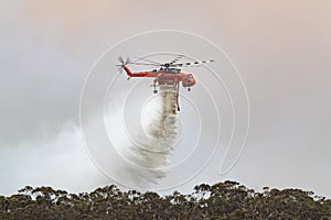 Erickson Air Crane helicopter Sikorsky S-64 N243AC dropping a large load of water onto a bushfire in support of fire fighting.