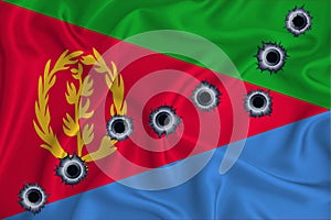 Eritrea flag Close-up shot on waving background texture with bullet holes. The concept of design solutions. 3d rendering