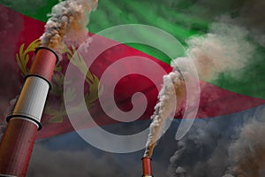 Eritrea pollution fight concept - two big industry pipes with dense smoke on flag background, industrial 3D illustration