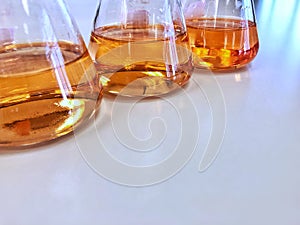 The Erlenmeyer or Conical flask on bench laboratory, with gradient solvent for analysis concentration range of total iron