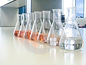 The Erlenmeyer or Conical flask on bench laboratory, with gradient solvent for analysis concentration range of total iron.