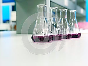 The Erlenmeyer or Conical flask on bench laboratory, with purple solvent forming reaction between boric acid and ammonia solution.