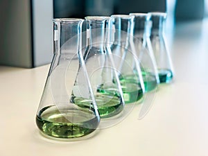 The Erlenmeyer or Conical flasks on bench laboratory, with range of green solvent forming reaction between boric acid and ammonia.