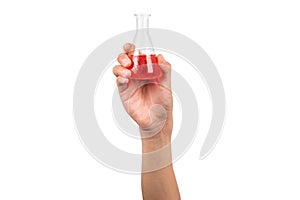 Erlenmeyer flask or conical flask with red water or red liquid holding by boy hand isolated on white background. Hand showing