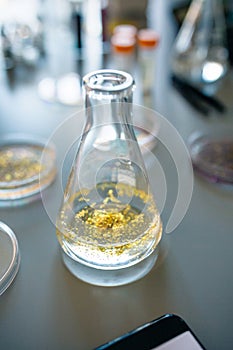 Erlenmeyer flask with golden glitter sample mixed in analysis liquid over a table on laboratory
