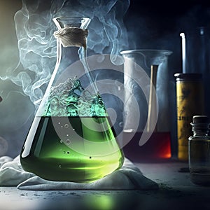 Erlenmeyer flask with a green bubbling boiling rushing vaporous liquid close-up, made with generative ai photo