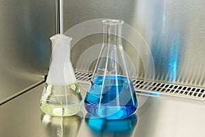 Erlenmeyer flasks with different fluids in an chemistry laboratory