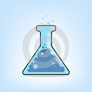 Erlenmeyer Graduated Glass Narrow Mouth. Chemistry bottle with blue liquid bubbling up. flat vector illustration.