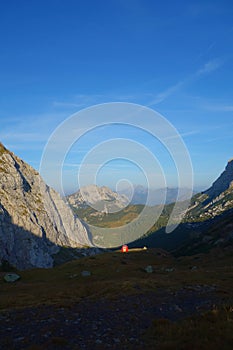 The Ernesto Lomasti mountain hut next to the Cavallo di Pontebba and Creta di Aip mountain range, Alps